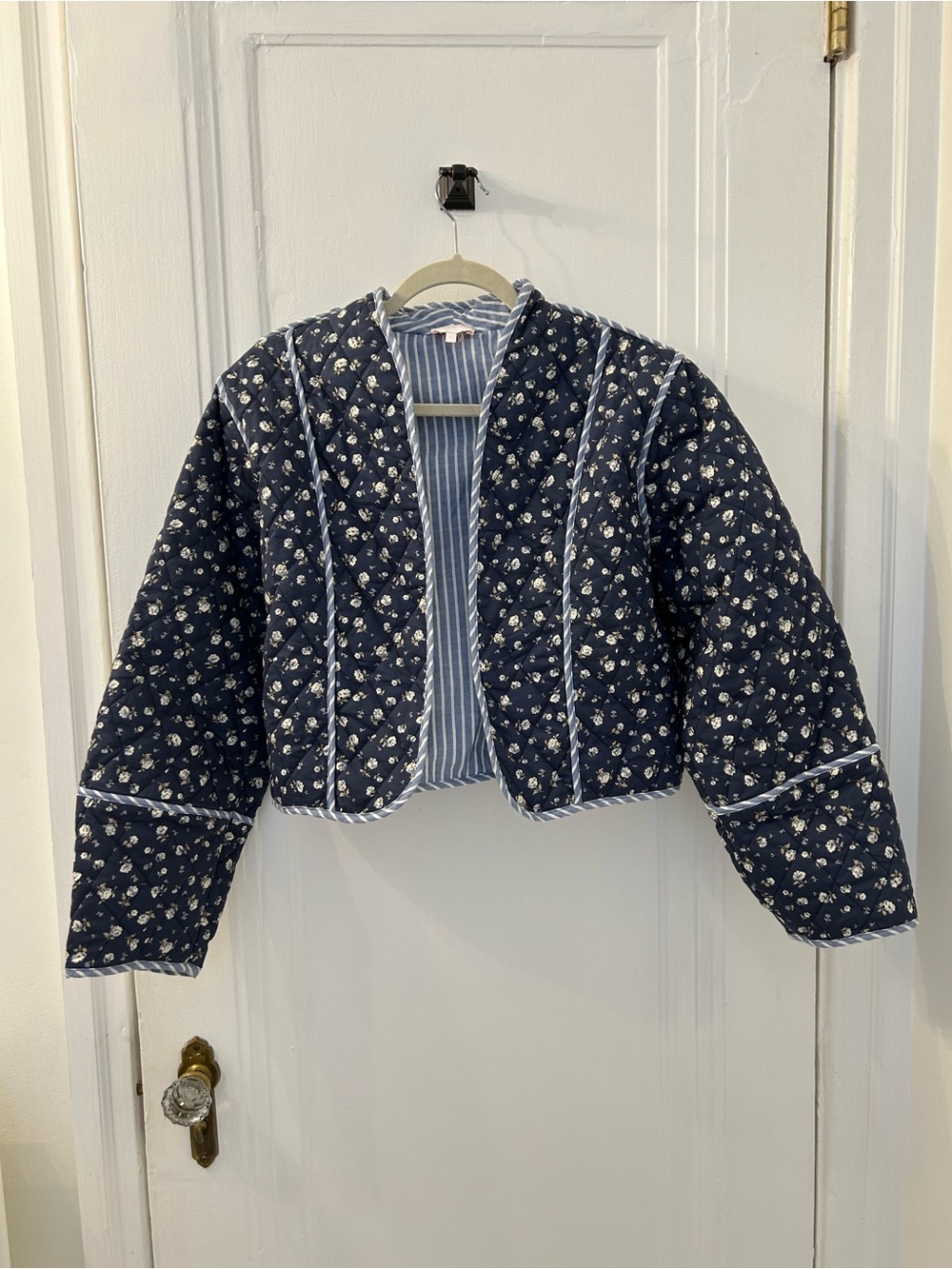 entro Navy Floral Quilted Bomber Jacket with White Trim